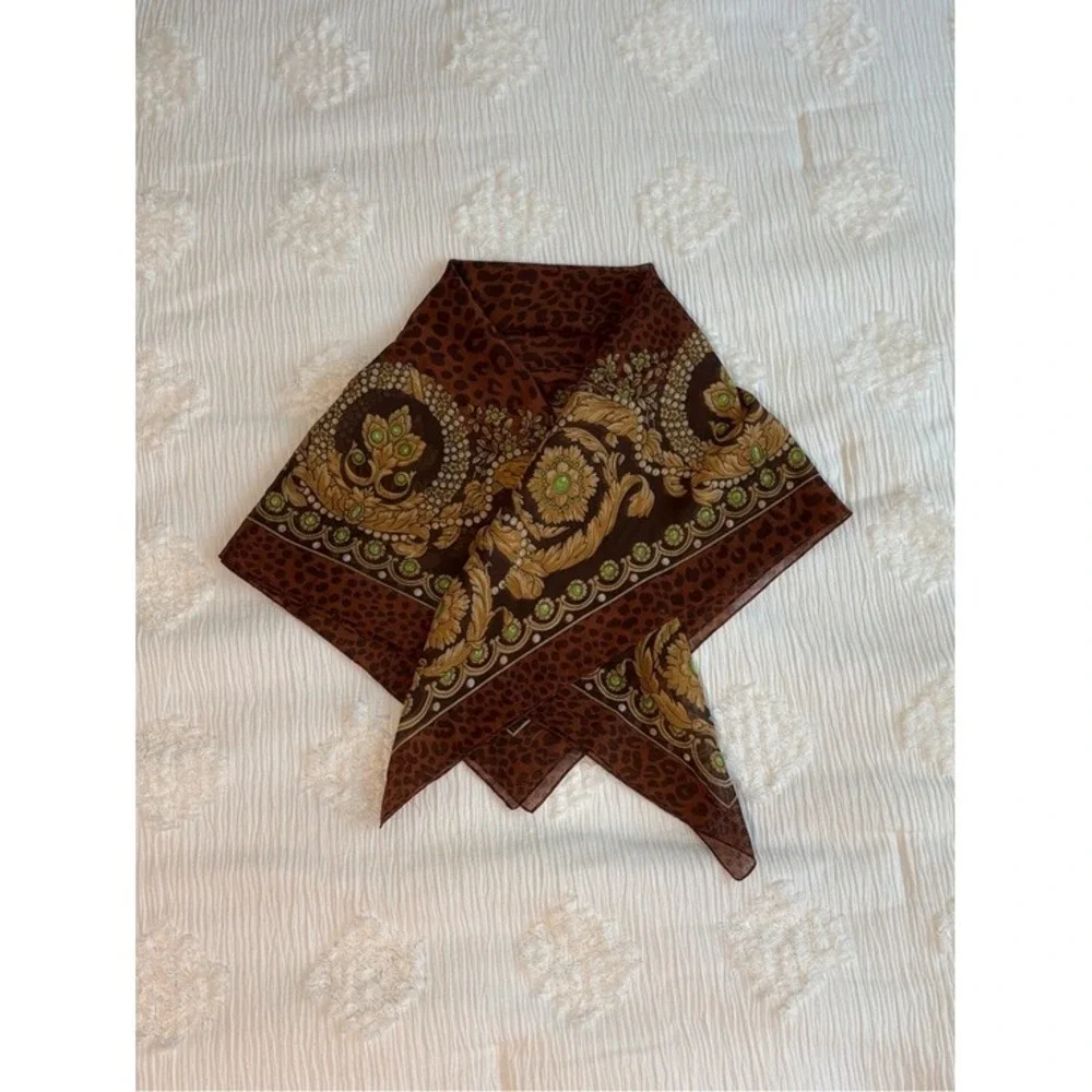 Vintage Baroque Leopard Print Square Scarf Gold Green Brown Animal‎ Print 34x34